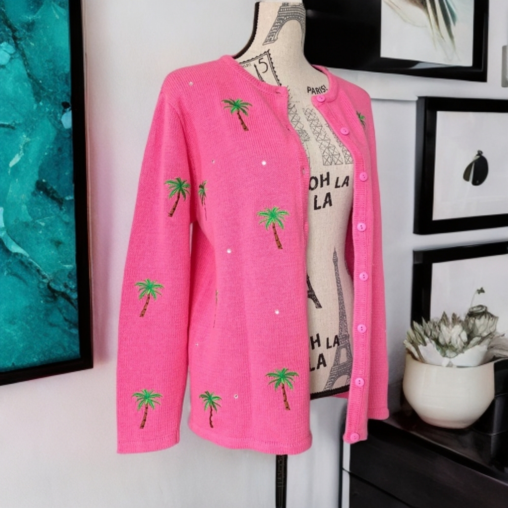 Embroidered palm trees on pink cardigan